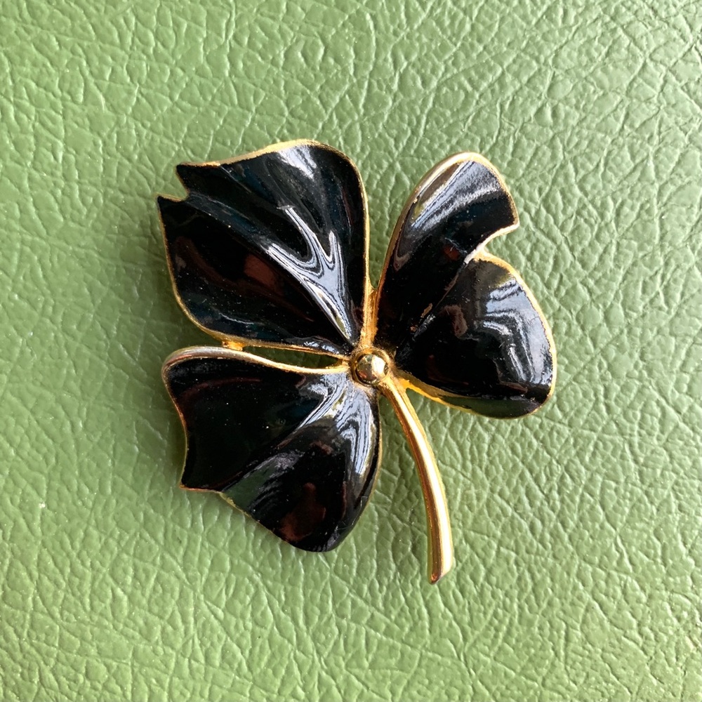 Vintage Torino black enamel golden leaf brooch pin signed - Picture 7 of 16